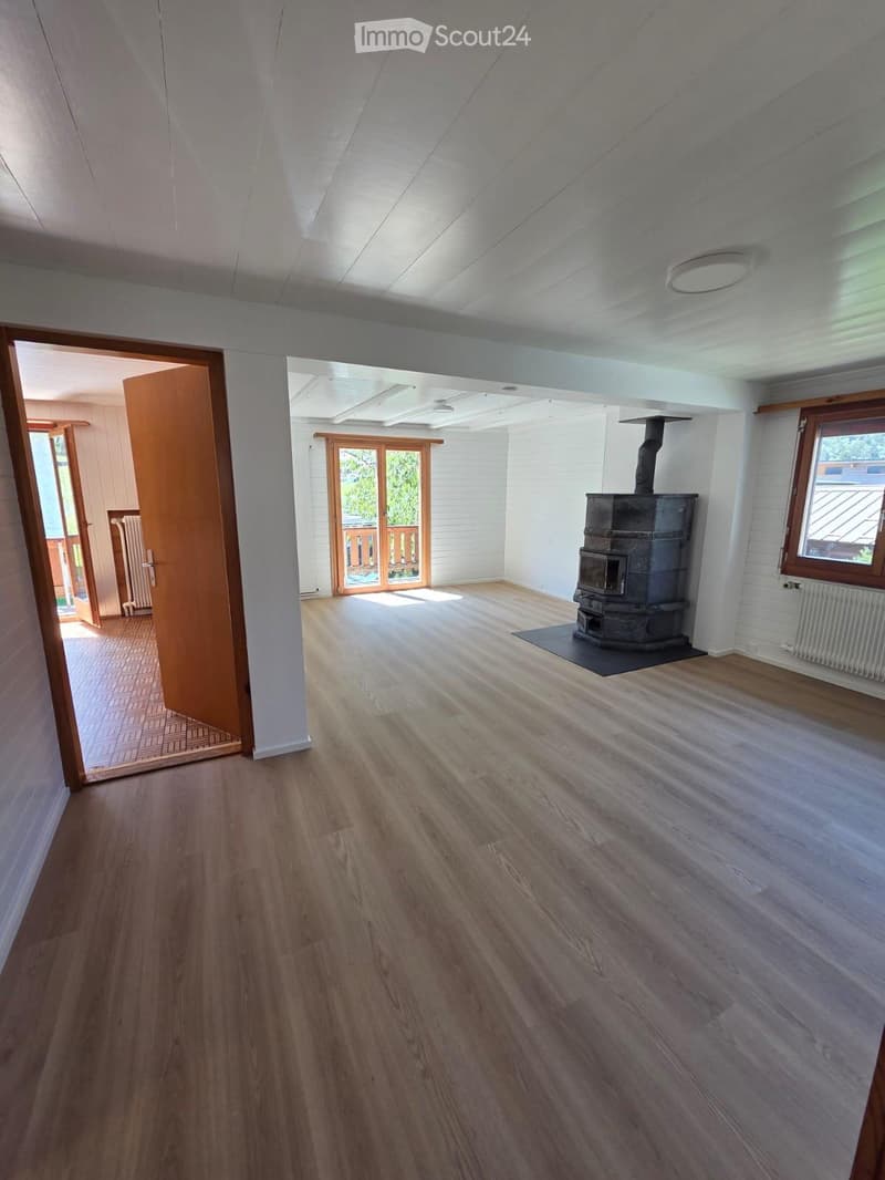 Empty room with wooden flooring, white walls, and a wood-burning stove. Natural light streams in from windows and an open doorway leading to another room.