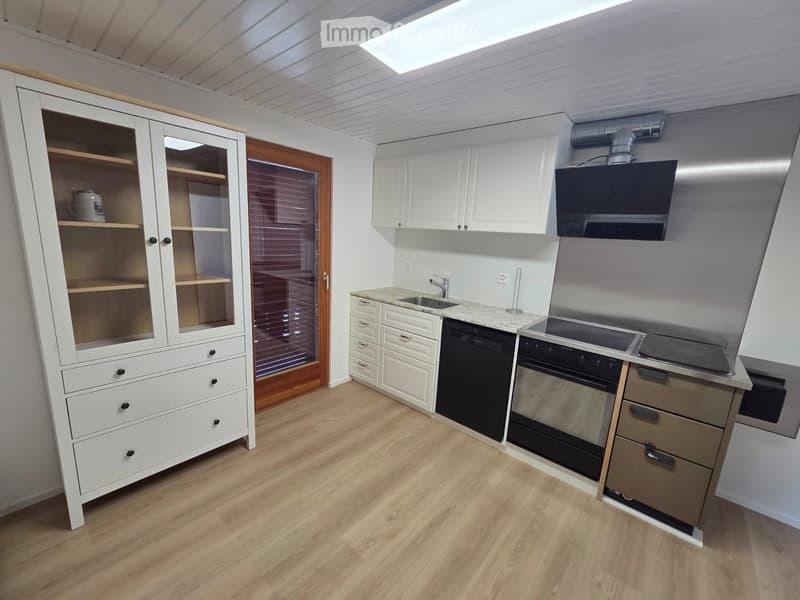 Modern kitchen with white cabinets, stainless steel appliances, and wooden flooring.