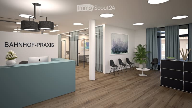 Modern reception area with a reception desk, laptop, chairs, small table, plant, vase with flowers, and artwork on the walls.