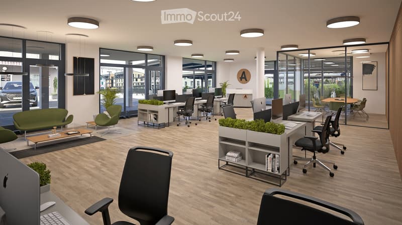 Modern office space with wooden flooring, large windows, multiple desks, chairs, laptops, and a green sofa area.