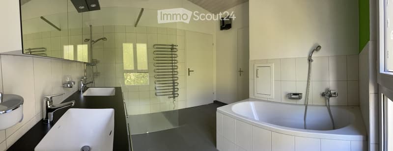 Modern bathroom with two sinks, a bathtub, a large mirror, and a radiator. The space features white tiles and sleek fixtures.