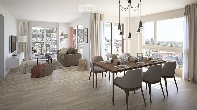 Modern living and dining area with wooden flooring, large windows offering a scenic view, a sofa, coffee table, dining table with chairs, and decorative lamps.