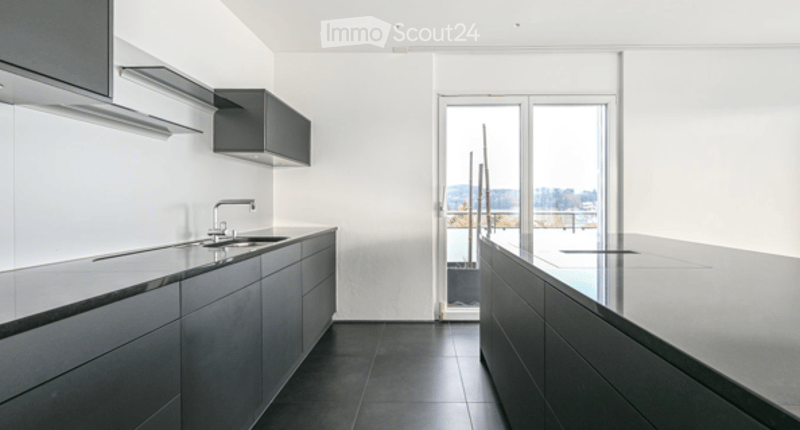 Modern kitchen with sleek black cabinets, stainless steel sink, and a large window offering a scenic view.