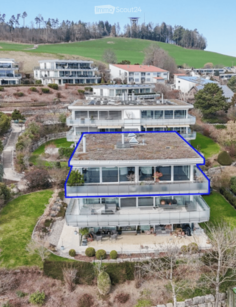 Aerial view of a large, modern multi-story house with a flat roof and extensive windows, surrounded by a landscaped garden and other residential buildings in the background.