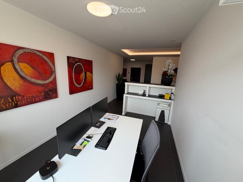 Modern office space with a white desk, ergonomic chair, dual monitors, keyboard, and a reception area with a vase and plant. Artwork adorns the walls.