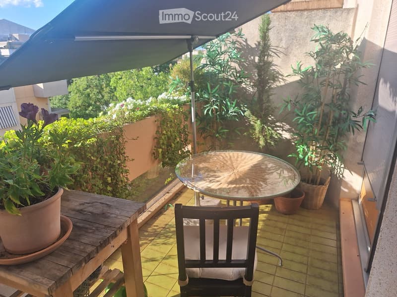 Balcony with a glass table, wooden chair, and several potted plants, including a large one on a wooden stand. The area is shaded by an awning and features a tiled floor.