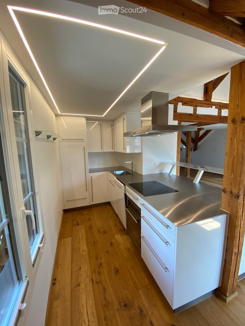 Modern kitchen with white cabinets, stainless steel appliances, wooden flooring, and built-in LED lighting.