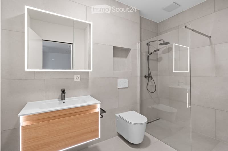 Modern bathroom with a white sink, wooden cabinet, large mirror, toilet, and glass-enclosed shower with a handheld showerhead.