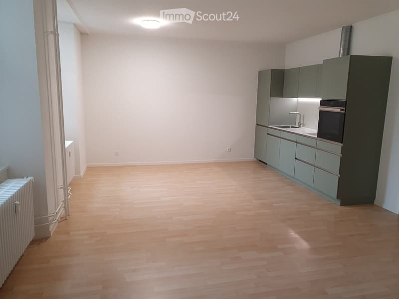Empty kitchen with light green cabinets, stainless steel sink, and wooden flooring.