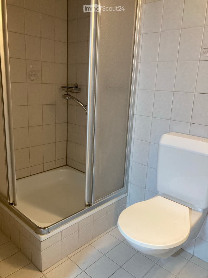 Bathroom with a toilet and a bathtub, featuring tiled walls and a glass shower enclosure.