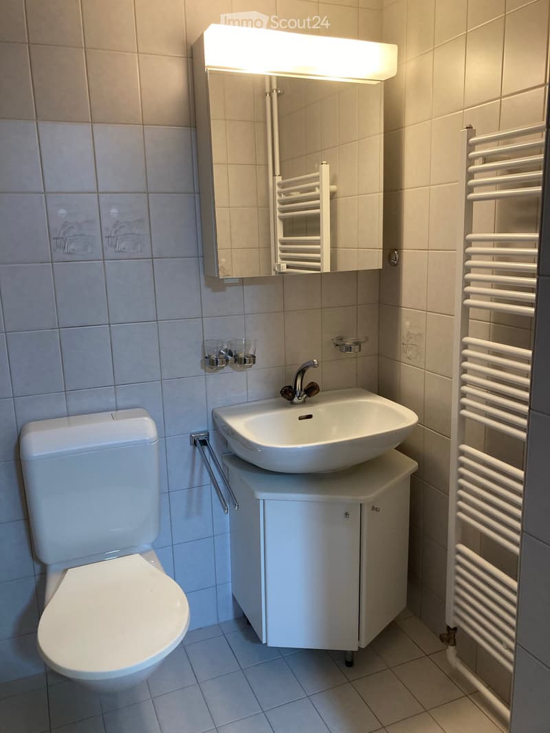 Modern bathroom with white tiles, a toilet, a sink with a cabinet, a mirror with built-in lighting, and a radiator.