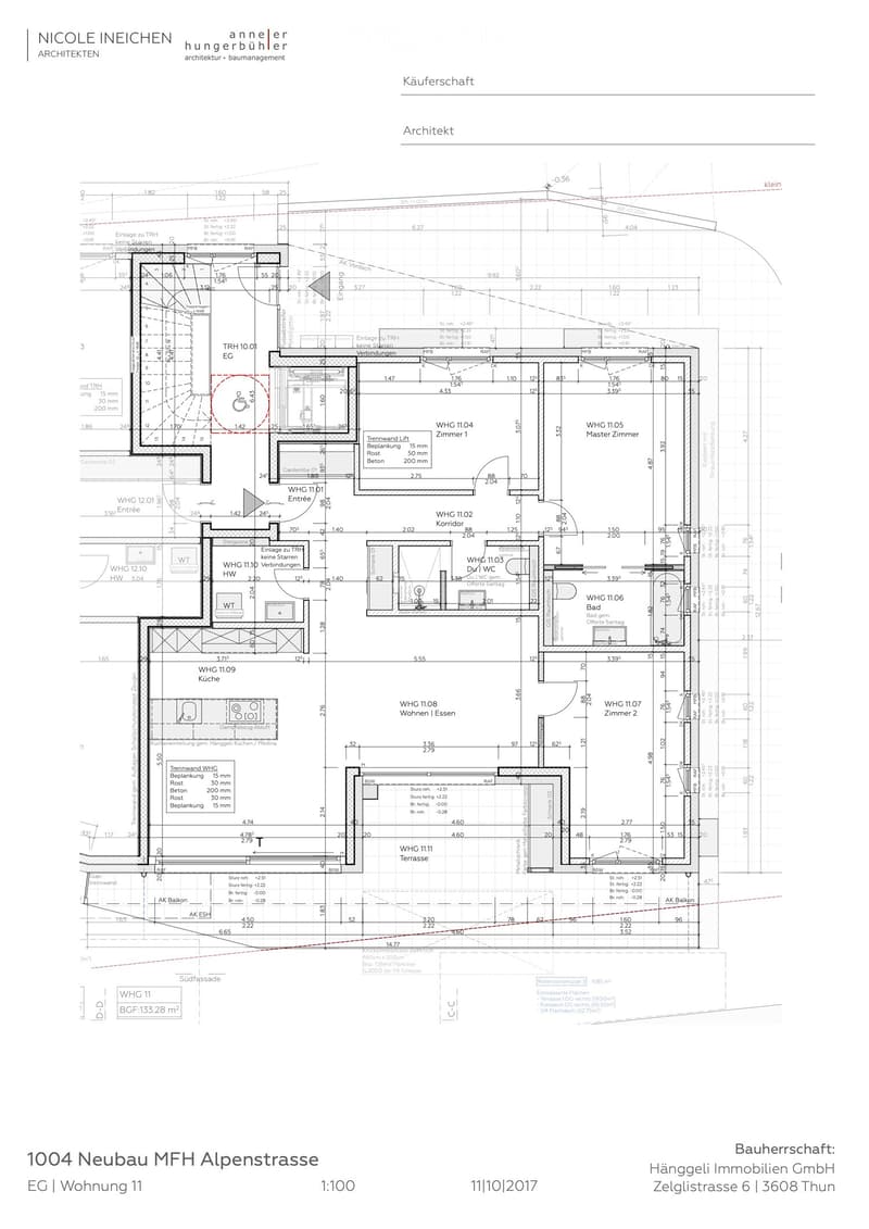 Floor plan of a residential unit showing layout with rooms labeled including kitchen, living/dining area, bedrooms, bathrooms, and terrace.