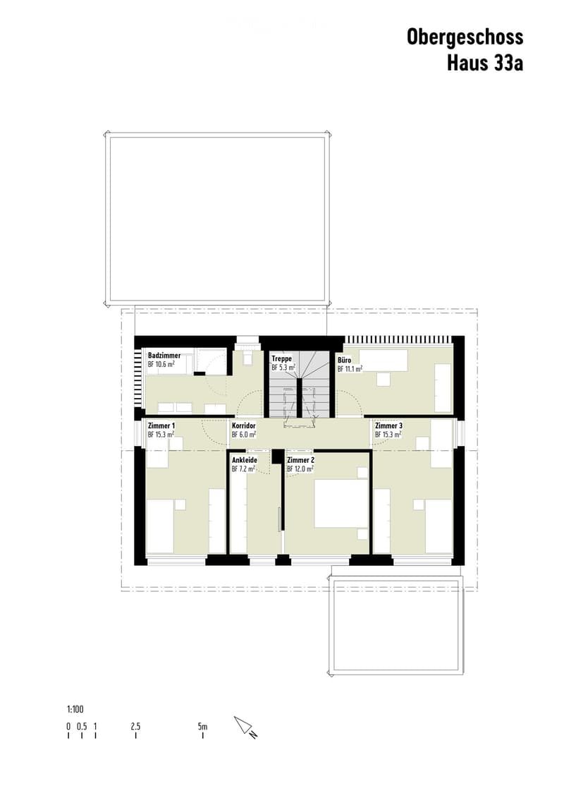 Floor Plan. Floor plan of the upper floor of Haus 33a, including a bathroom, a staircase, a study, a hallway, a corridor, a bedroom, a bedroom, a bedroom, and a hallway.