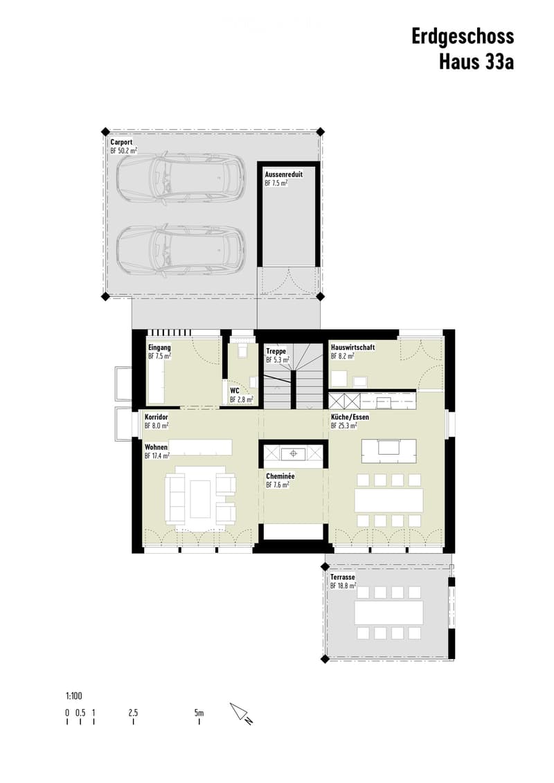 Floor Plan. Floor plan showing ground floor layout with carport, entrance, living room, kitchen, dining area, hallway, bathroom, and terrace.