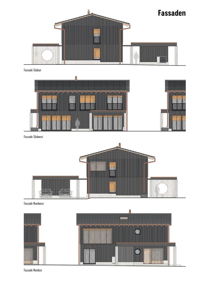 Floor Plan. Architectural floor plan showing four elevations of a modern house with dark grey siding, large windows, and a garage. Includes views from the north, south, east, and west sides.