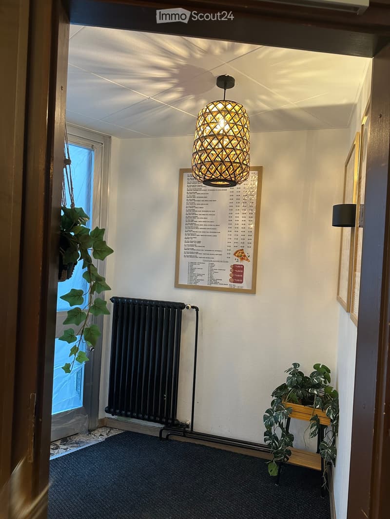 A narrow hallway with a menu board on the wall, a hanging geometric light fixture, a radiator, and potted plants on a small wooden shelf.