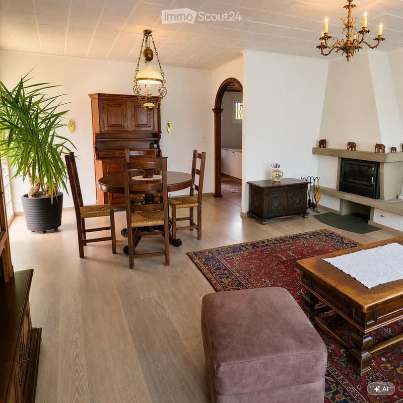 Spacious living and dining area with wooden flooring, a large area rug, a purple ottoman, a wooden coffee table, a dining table with chairs, a wooden cabinet, and a fireplace with decorative items on the mantel.