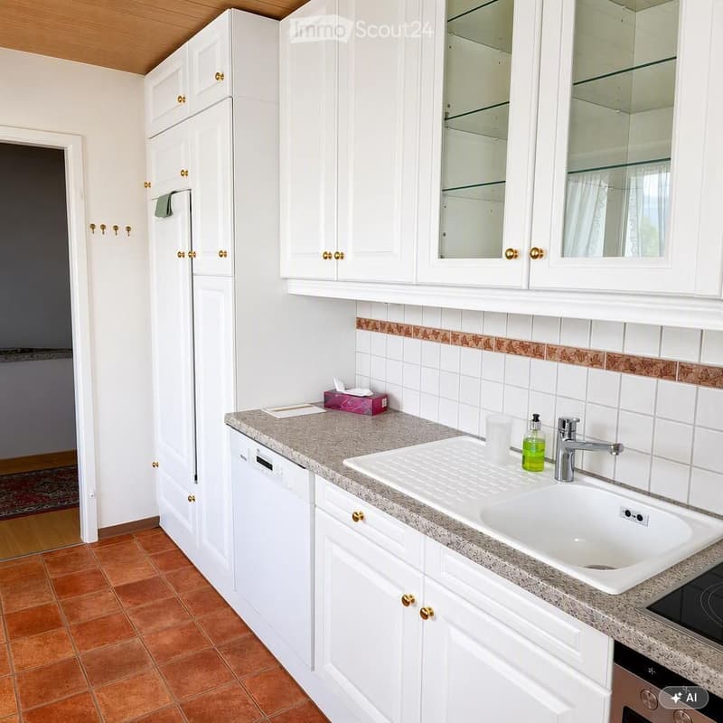 Modern kitchen with white cabinets, granite countertop, stainless steel sink, and built-in dishwasher.