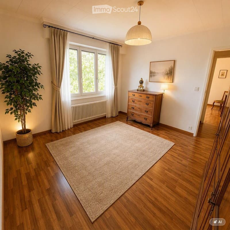 Spacious room with wooden flooring, large window with curtains, a dresser with drawers, a potted plant, a picture frame on the wall, and a pendant light fixture.