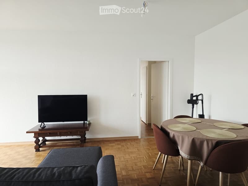 A furnished room with a sofa, a wooden TV stand with a television, a dining table with chairs, and a lamp hanging from the ceiling.