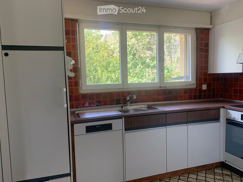 Modern kitchen with white cabinets, stainless steel sink, dishwasher, and oven. Features a window with a view of greenery outside.