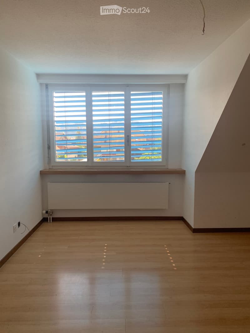 Empty room with wooden flooring, white walls, large window with blinds, radiator, and a small shelf above the window.
