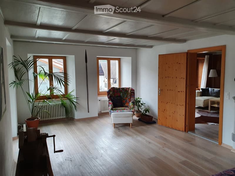 Bright living room with wooden flooring, large windows, a colorful sofa with an ottoman, a small table, and potted plants.