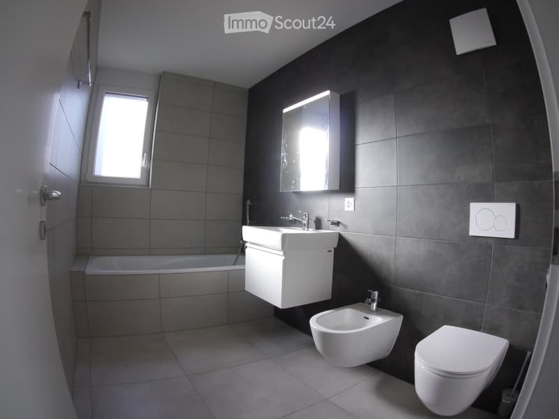 Modern bathroom with dark grey tiles, white fixtures including a sink, mirror, bathtub, bidet, and toilet. Features a window for natural light and a sleek design.