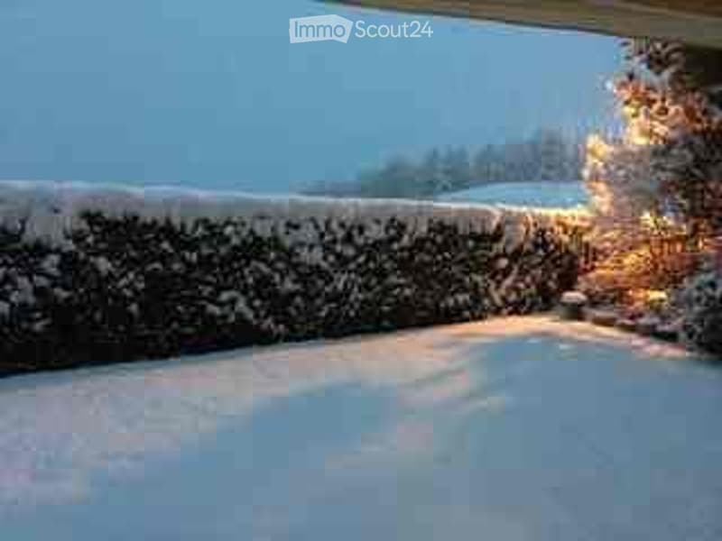 Snow-covered garden with a low hedge and a wooden fence, illuminated by warm light from the house.