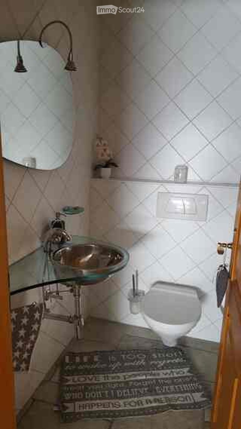 Modern bathroom with white tiled walls, a glass sink, a mirror, and a toilet. A small decorative plant sits on the shelf above the sink.