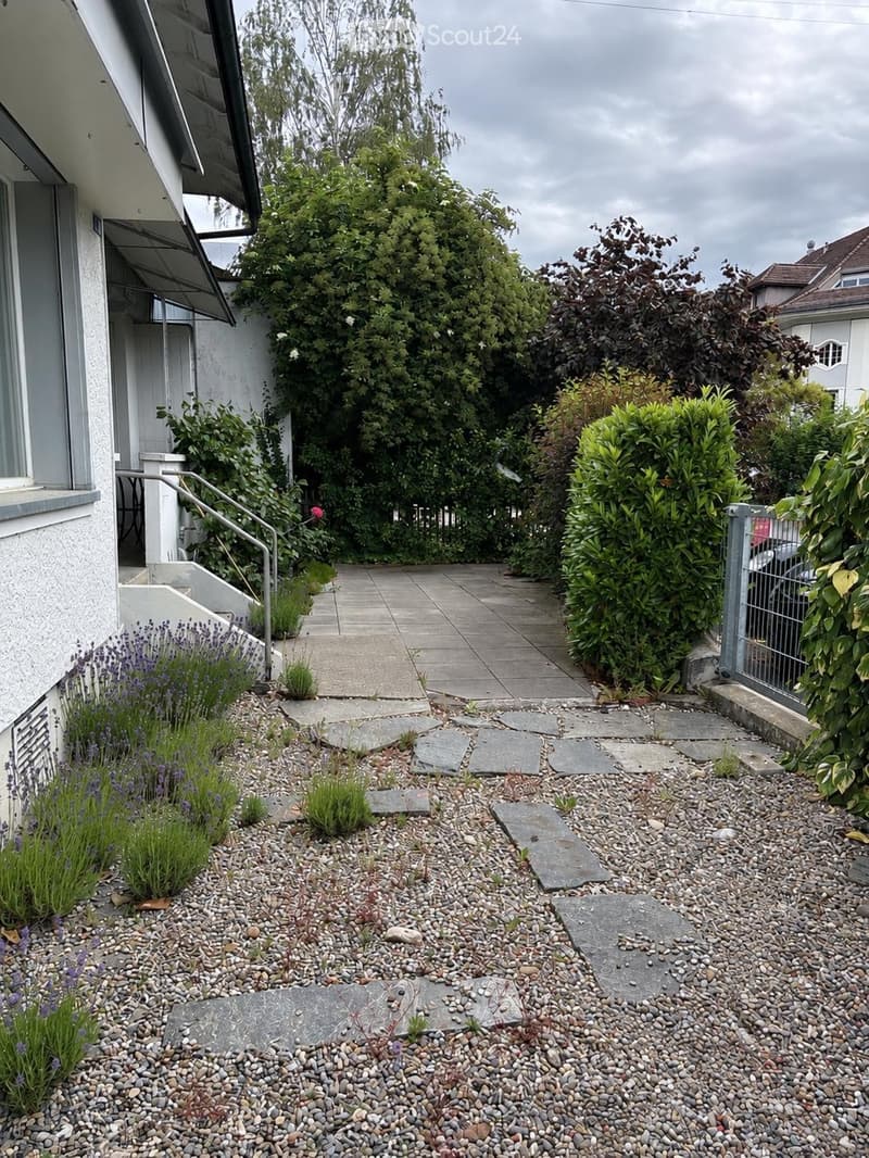 Garden area with a stone pathway, gravel bed, lavender plants, and a metal gate leading to a larger garden space.