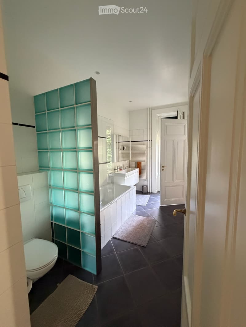 Modern bathroom with dark tiled floor, white walls, bathtub, toilet, sink, and a glass block shower enclosure.