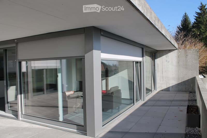 Modern balcony with large glass sliding doors, concrete floor, and sleek design.