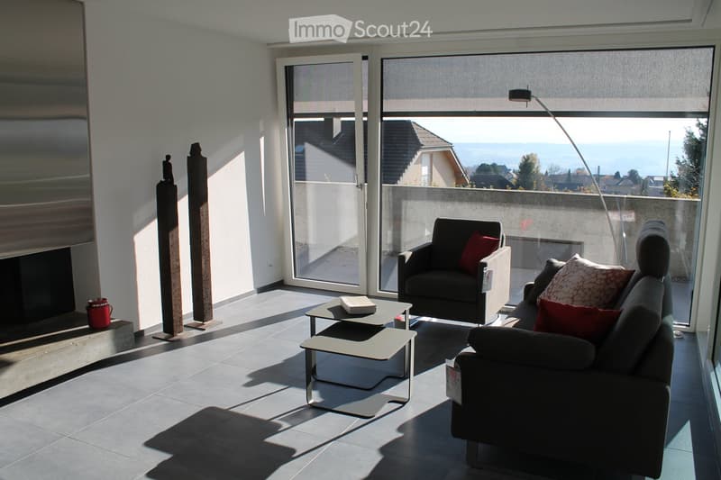 Modern living room with large windows offering a scenic view, featuring a dark grey sofa, armchair, coffee table, and a sleek fireplace.