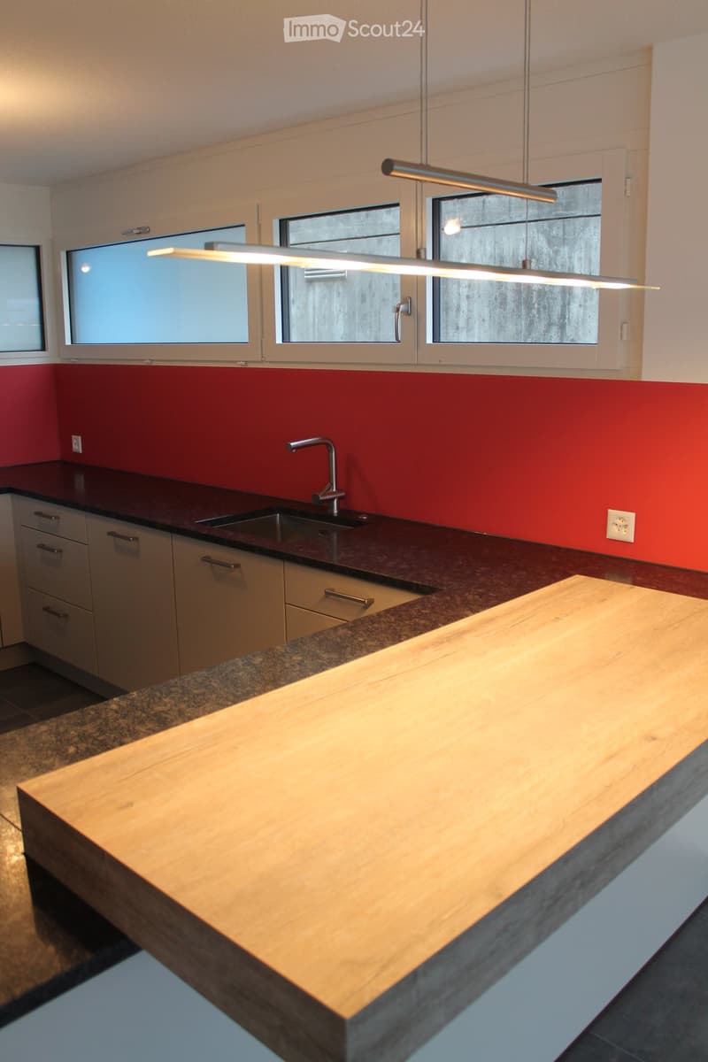 Modern kitchen with a wooden countertop, stainless steel sink, and built-in cabinets. The backsplash is painted red, and the space is illuminated by sleek, linear pendant lights.