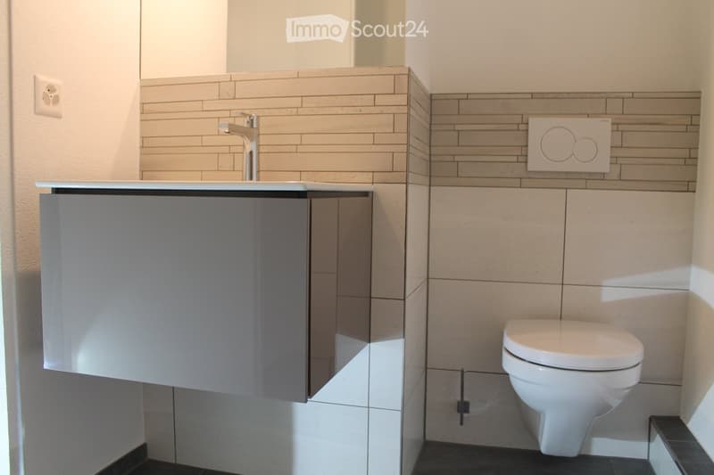 Modern bathroom with a white toilet, a sink with a chrome faucet, and a grey cabinet. The walls are tiled in a light beige color with a decorative horizontal pattern.