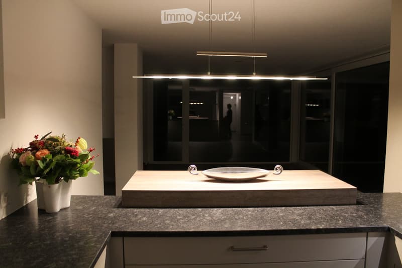 Modern kitchen with granite countertops, white cabinets, pendant lighting, and a decorative flower vase on the counter.