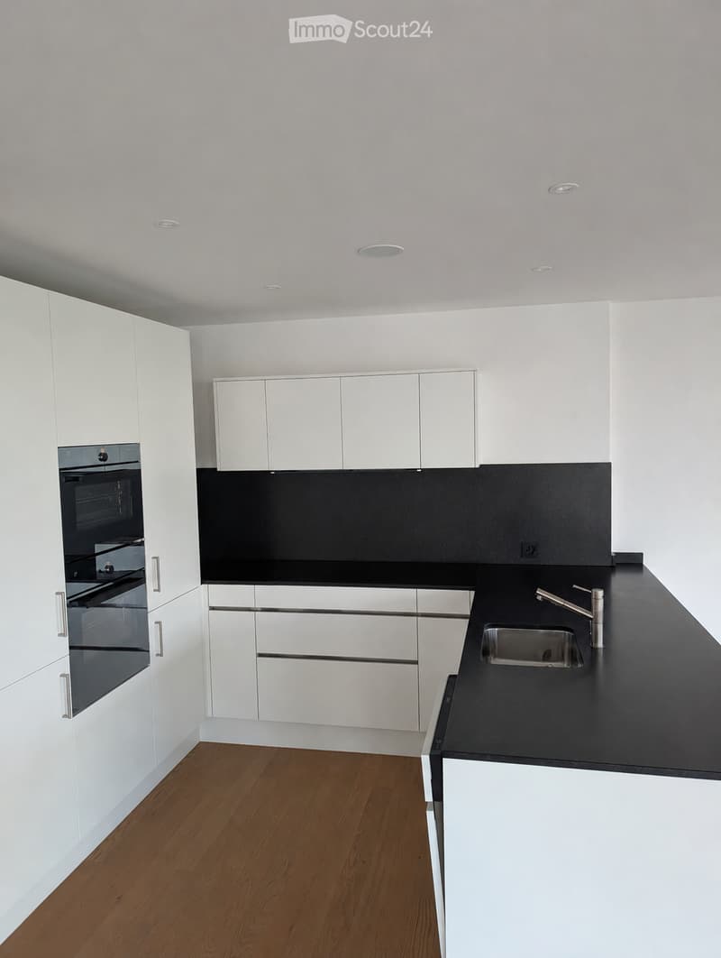 Modern kitchen with white cabinets, black countertops, and a stainless steel sink.