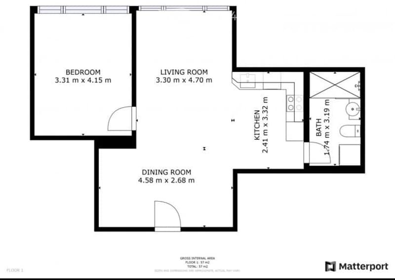 Floor plan of a 57 m² apartment featuring a bedroom, living room, dining room, kitchen, and bathroom.