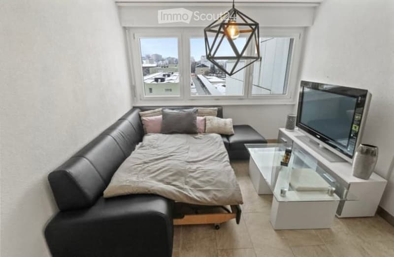 A modern, compact living space with a sofa bed, pillows, a blanket, a television on a glass stand, a vase, and a stylish floor lamp. Large windows offer a view of the cityscape.