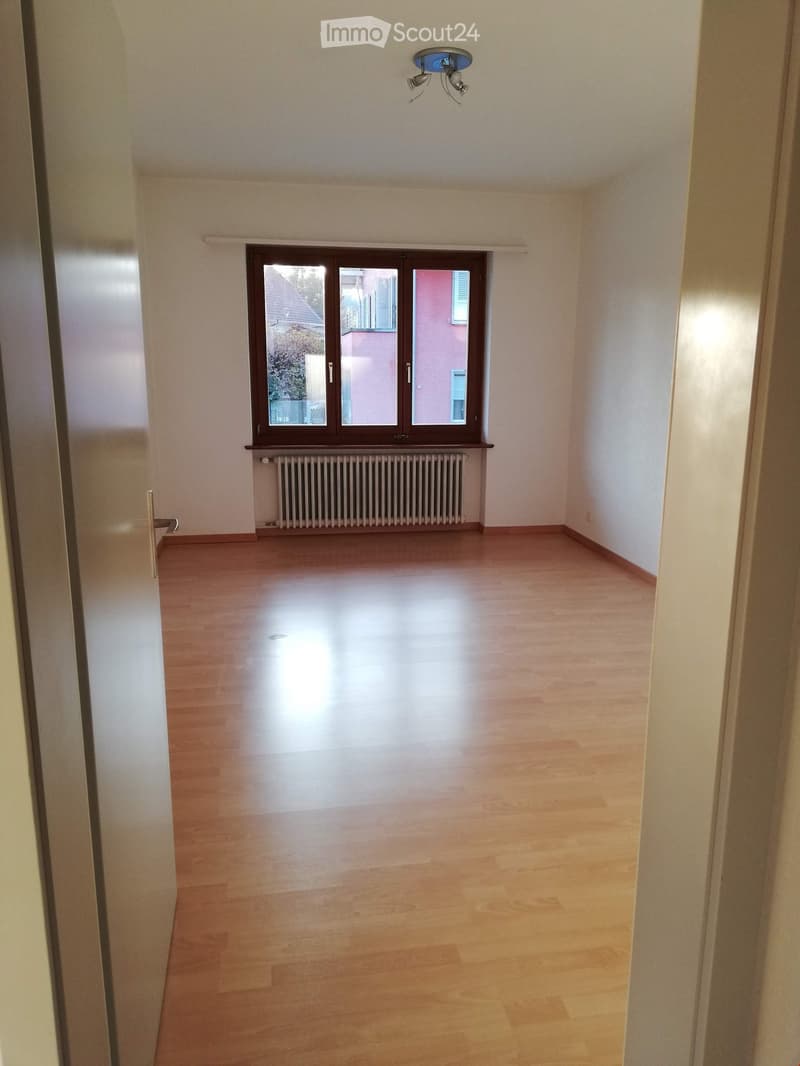 Empty room with wooden flooring, white walls, a window with brown frame, radiator, and a ceiling light fixture.
