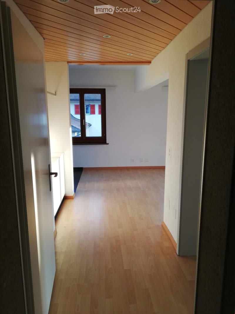 Empty hallway with light wooden flooring, white walls, and a slanted wooden ceiling. A window at the end provides natural light.