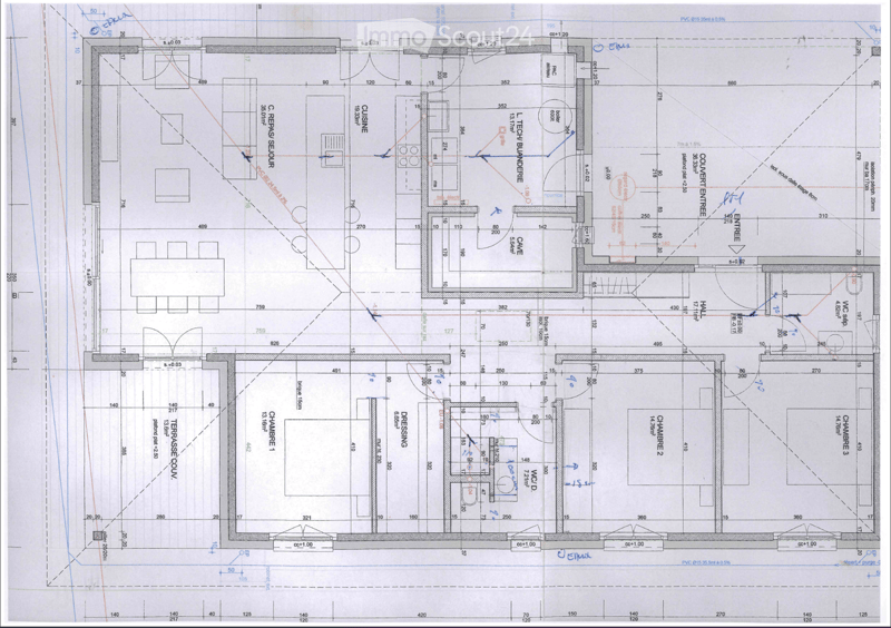 Floor plan of a residential space showing multiple rooms including a kitchen, living area, three bedrooms, and a dressing room. Dimensions and measurements are labeled throughout.
