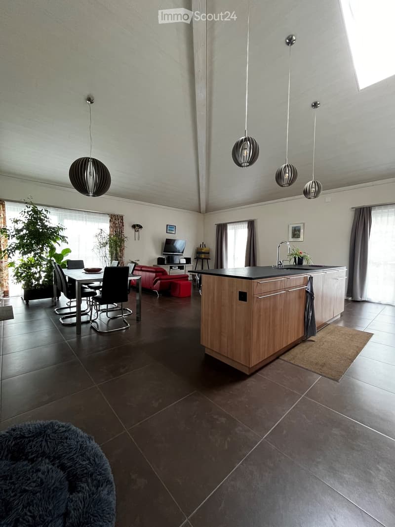 Open-plan living and dining area with a modern kitchen island, dining table, sofa, and pendant lights.