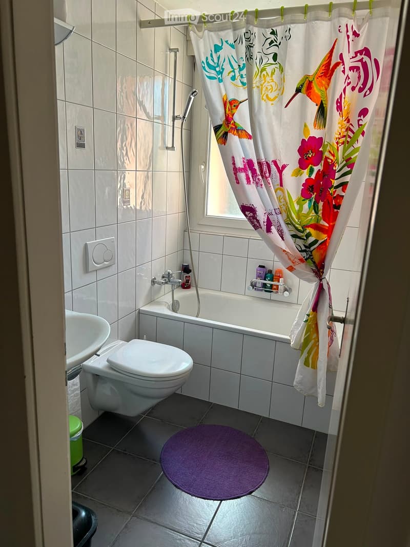Modern bathroom with white tiles, a bathtub, toilet, sink, and a colorful shower curtain featuring hummingbirds and flowers.