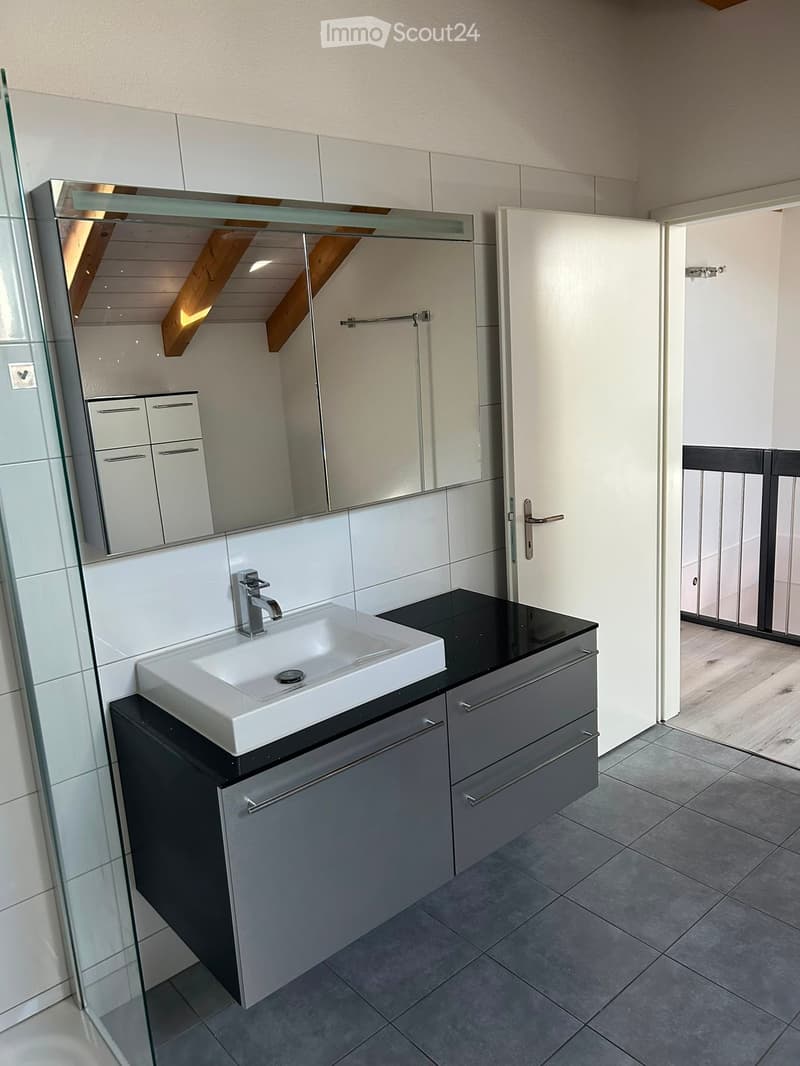 Modern bathroom with a white sink, chrome faucet, dark grey cabinet, and large mirror above the sink. The room features white tiled walls and a glass shower enclosure.
