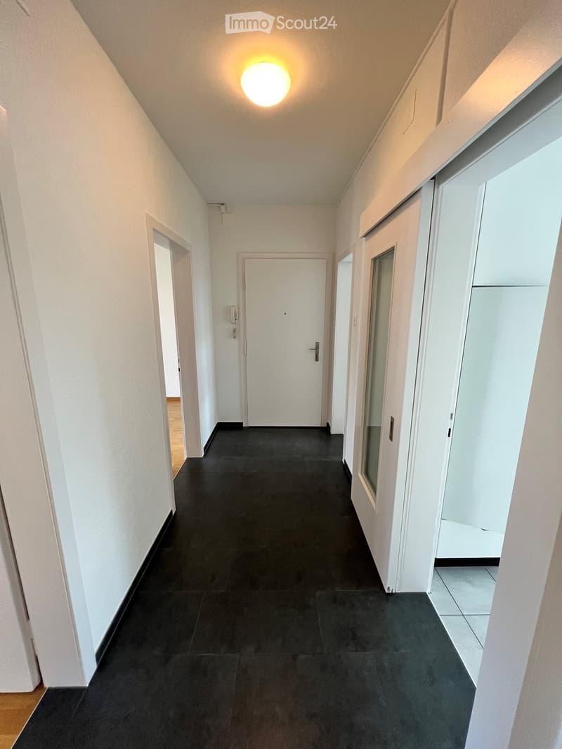Clean, modern hallway with dark tiled flooring, white walls, and several doors leading to different rooms. A round ceiling light provides illumination.