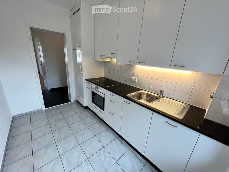 Modern kitchen with white cabinets, black countertops, stainless steel sink, and built-in appliances.