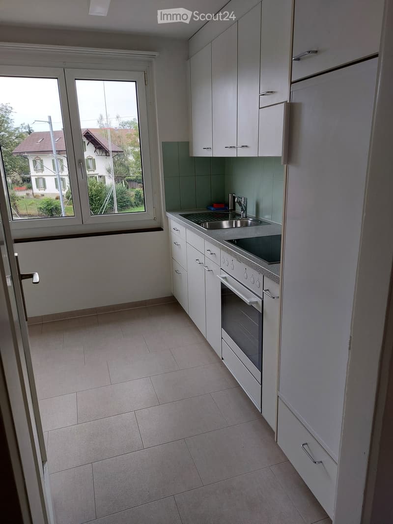 Modern kitchen with white cabinets, a sink, and an oven. The space is well-lit with large windows offering a view of the garden and neighboring house.