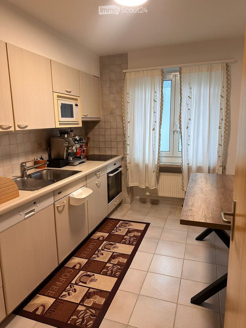 Modern kitchen with light wood cabinets, stainless steel appliances, a coffee machine, and a patterned rug on the floor.
